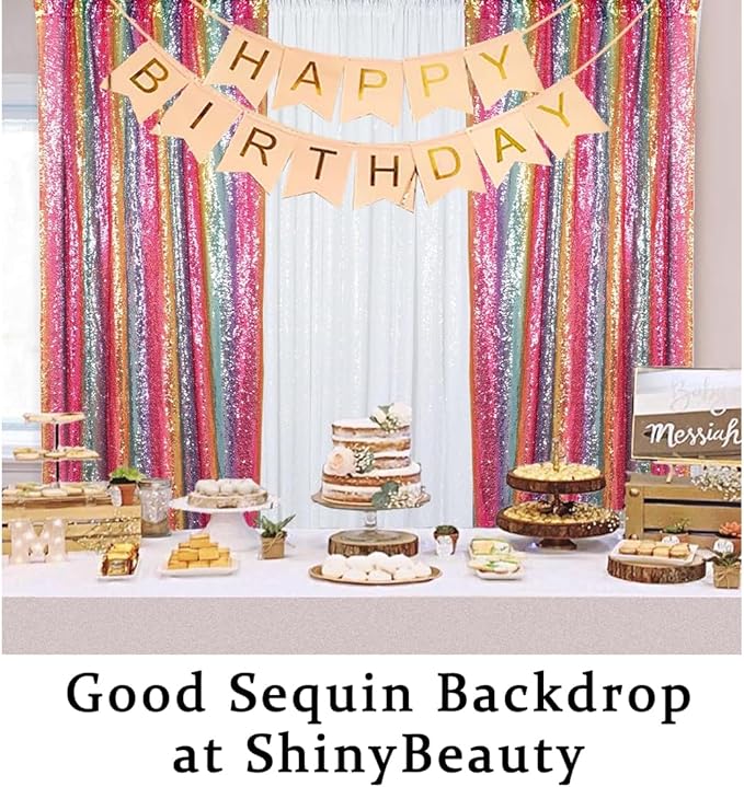 ShinyBeauty 4x10ft Rainbow Sequin Photo Backdrop - Glitter Wall Decor for Wedding, Birthday, Baby Shower - Reusable & Lightweight