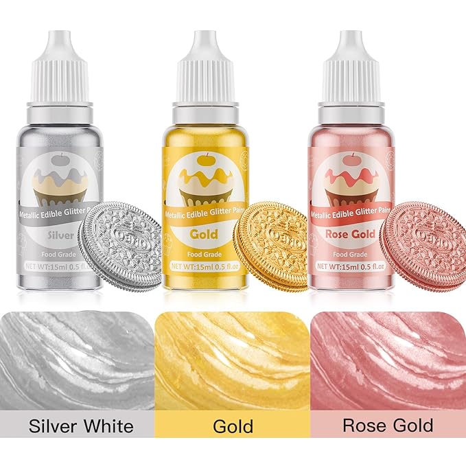 Edible Glitter Paint - 3 Colors Glitter Decorative Cake Paint Metallic Glitter, Food Grade Paint Edible Paint for Cake Decorating, Baking, Candy, Cookie, Chocolate -0.5 fl.oz(15ml)/Bottle (Gold, 3 color)