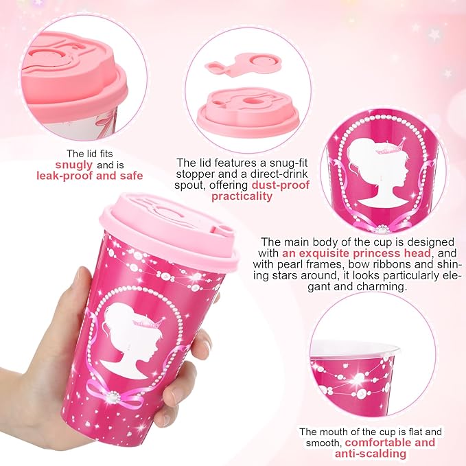 Yungyan 24 Sets Hot Pink Girl Party Favors Goodie Cups with Lids and Straws for Birthday Decorations Reusable 16oz Plastic Candy Cups Plastic Straws for Birthday Party (Pink Princess)