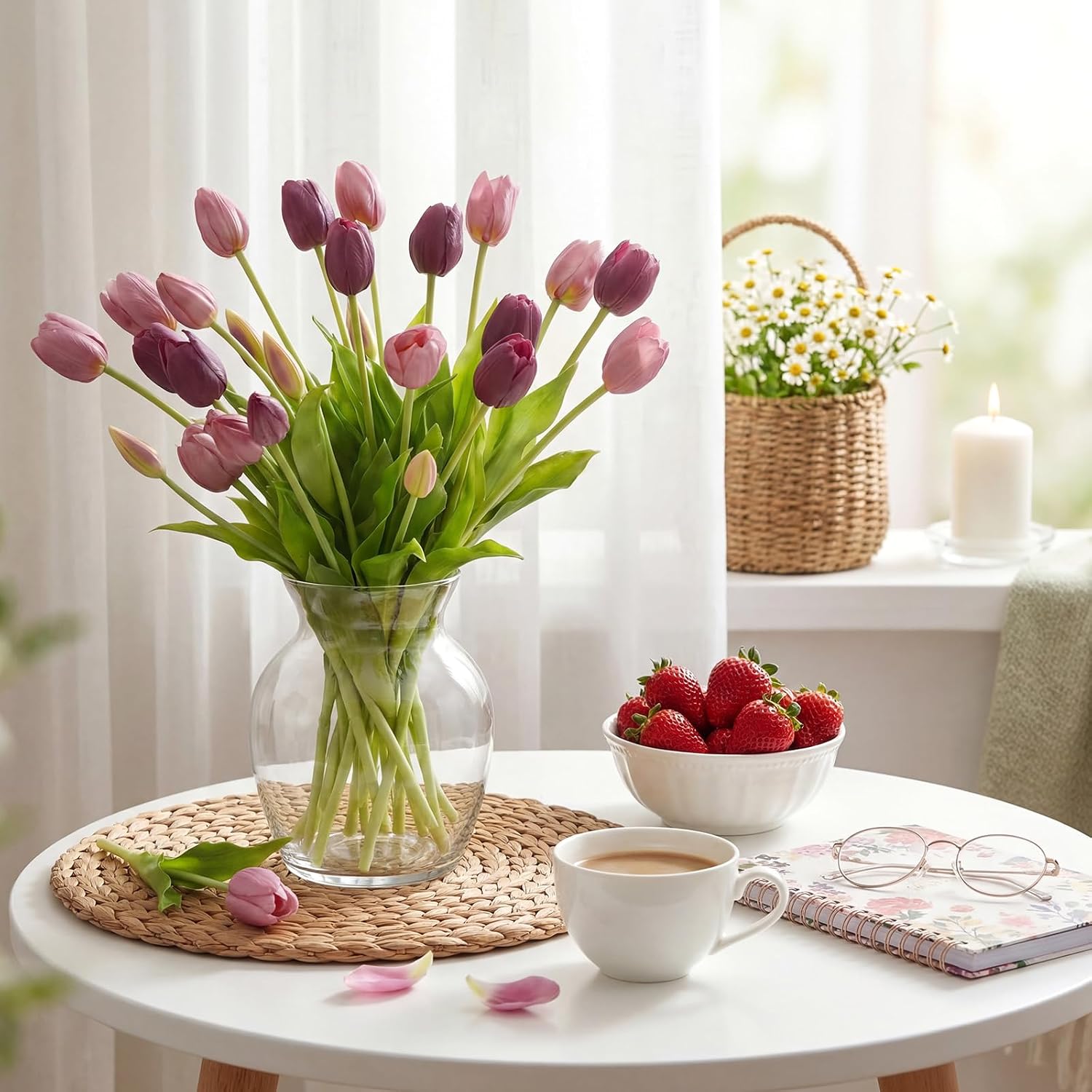 Riceshoot 30 Pcs Artificial Tulips Flowers 6 Bunches Faux Tulips Bouquets Arrangements Realistic Flowers for Office Wedding Party Kitchen Decoration(Mixed Purple)