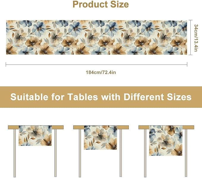 Poppy Floral Table Runner, Watercolor Brown Blue Flowers Blossom Summer Nature Table Runner for Kitchen Dinning Table Runner Decor Home Wedding Party Holiday, 13x36 Inch