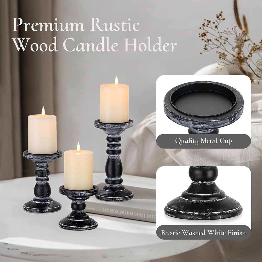 Wood Pillar Candle Holder: 3Pcs Rustic Black Candle Holders for Pillar Candles Wood Candle Holders Distressed Wooden Farmhouse Candle Holder Large Rustic Candle Holder for Fireplace Table