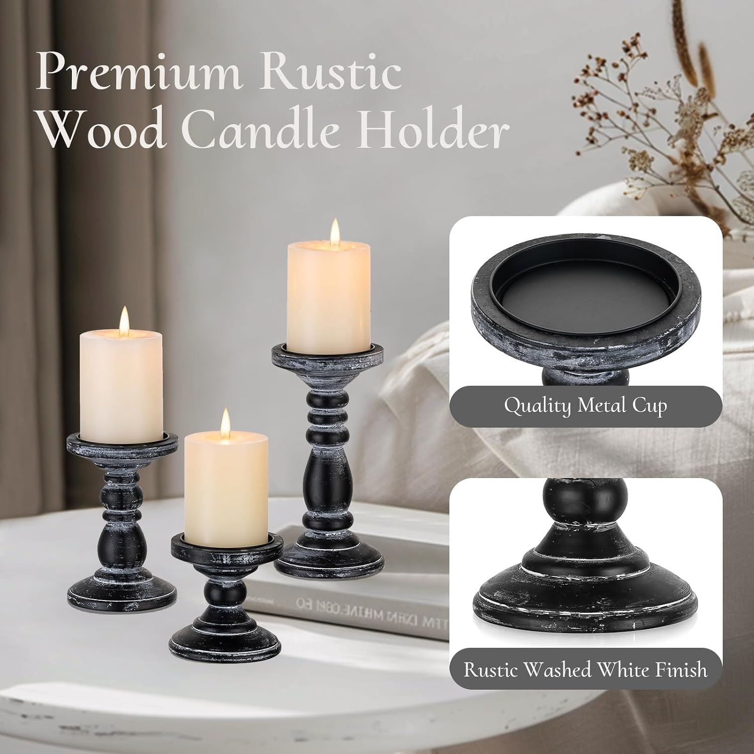 Wood Pillar Candle Holder: 3Pcs Rustic Black Candle Holders for Pillar Candles Wood Candle Holders Distressed Wooden Farmhouse Candle Holder Large Rustic Candle Holder for Fireplace Table