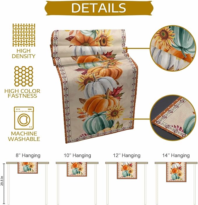 Fall Thanksgiving Southwest Cotton Linen Table Runner for Dining Kitchen, Orange Pumpkins Wedding Outdoor Party Rustic Tablerunners Decoration, Sunflower Dresser Scarf Tablecloth Runners 13x48 Inches