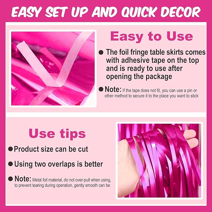 3 Pack 29 x108 Inch Fuchsia Foil Fringe Table Skirts Metallic Banner for Tinsel Streamer Garland Backdrop for Parade Floats Mother's Day, Graduate, Birthday, Wedding Party Decoration