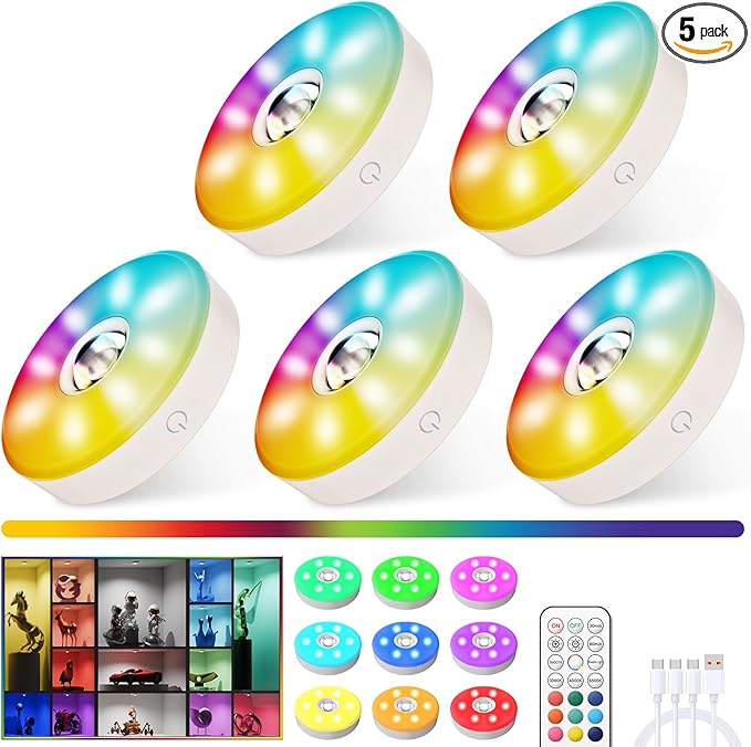 Rechargeable Puck Lights with Remote Control, 12 Color Changing Under Cabinet Lighting, Wireless RGB tv Led lights for bedroom & Closet, Dimmable Magnetic under counter lights for kitchen, Shelf,Party