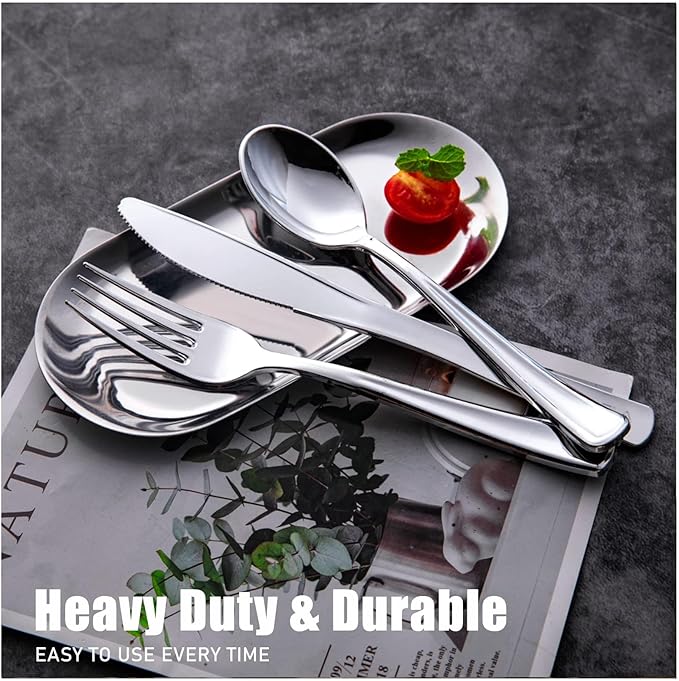 WDF 180 Pieces Silver Plastic Silverware - Silver Plastic Cutlery - Fancy Plastic Silverware Heavy Duty - 60 Forks 60 Knives 60 Spoons - Disposable Plastic Utensils Perfect for Party/Wedding/Christmas
