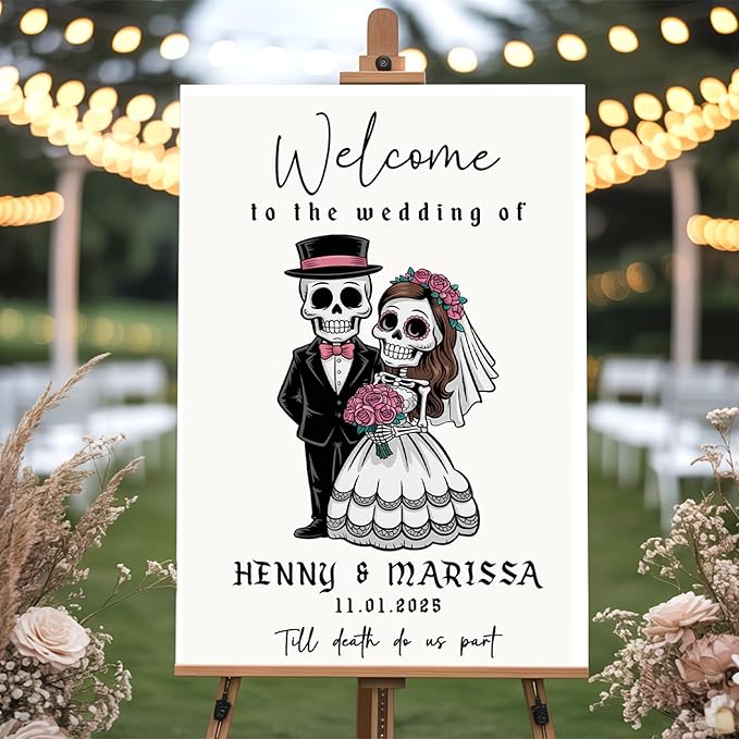 Personalized Halloween Wedding Welcome Sign for Bride & Groom, Customized Funny Welcome to The Weddings Board for Ceremony, Canvas Poster Decorations Decor for Reception, Bridal