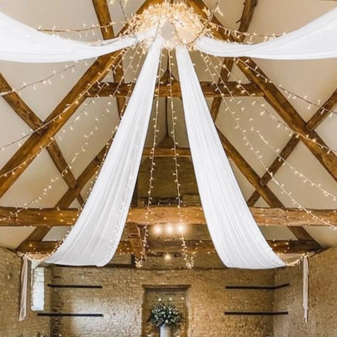 4 Panels White Ceiling Drapes 5ftx20ft Wedding Ceiling Drapes Chiffon Fabric Arch Draping Sheer Curtains Soft Drapery Draping Wedding Ceiling Decorations for Party Ceremony Stage Swag
