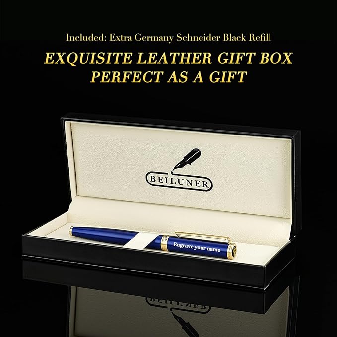 BEILUNER Blue Personalized Fountain Pen,Stunning Luxury Lacquer,24K Gilded Nib(Fine),Gorgeous 24K Gold Finish, Ink Converter,Fancy Gift for Men&Women-Elegant, Graduation,Nice Pens for Writing