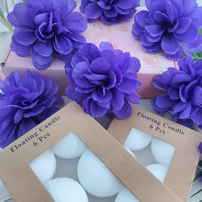 24 Pcs Floating Candles for Centerpieces and Floating Flowers Vase Fillers for Centerpieces Artificial Purple Flowers for Wedding Table Party Home Decoration