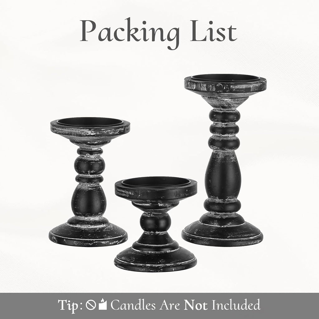 Wood Pillar Candle Holder: 3Pcs Rustic Black Candle Holders for Pillar Candles Wood Candle Holders Distressed Wooden Farmhouse Candle Holder Large Rustic Candle Holder for Fireplace Table