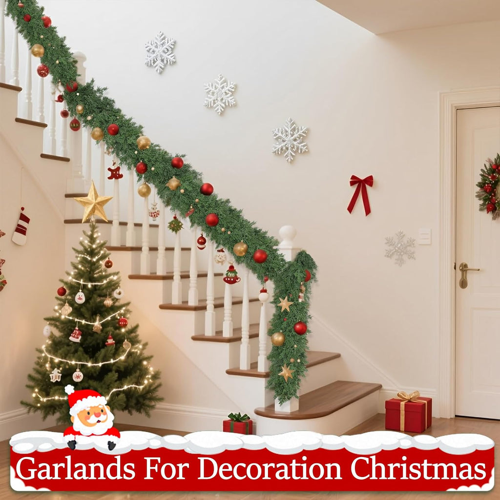 9ft christmas garland realistic fuller,natural droopy,bendable stairs railing, side view