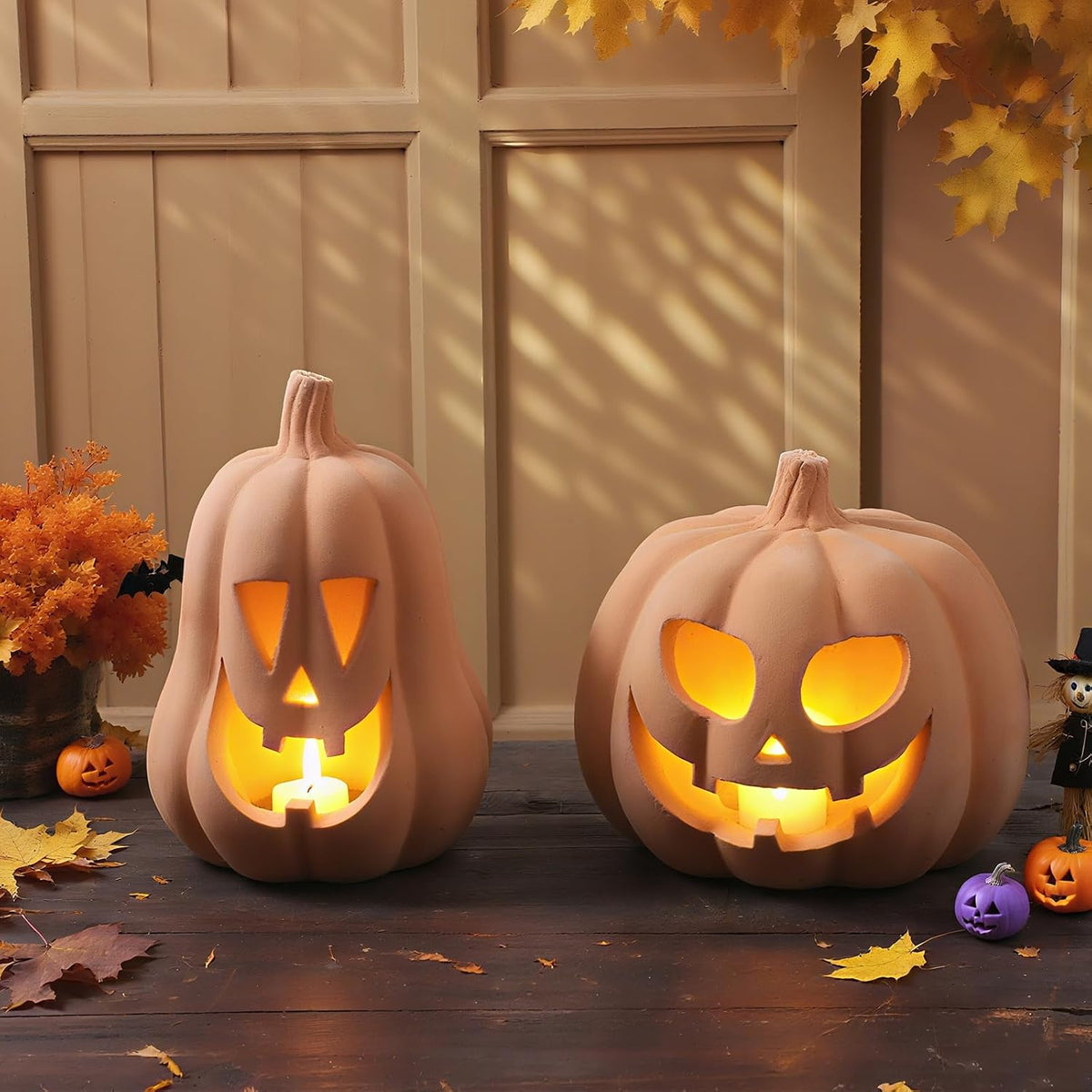 Tioncy Halloween Decor Terracotta Jack O Lantern Pumpkin Decor,Orange