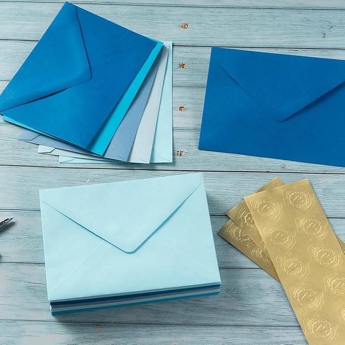 50 Pack Colored A6 Invitation Envelopes 4x6 with Gold Stickers for Cards and Invitations, 5 Colors (Blue, 6 1/2 x 4 3/4 inches)