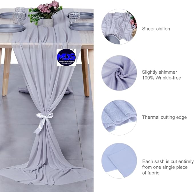 MDS Halloween Chiffon Table Runner - 25 Pack, 29 x 170 Inches, 14ft Each - Sheer Spooky Table Runners for Haunted House Parties, Trick-or-Treat Tables, Witchy Décor, Wedding & Events - Cool Gray