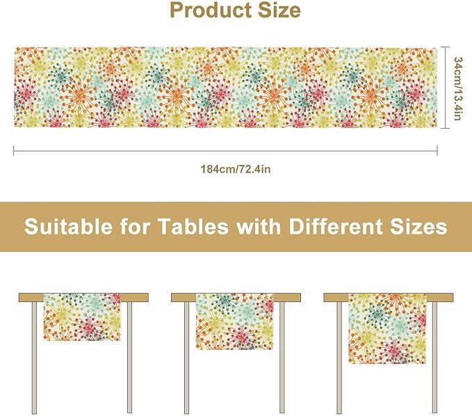 Mid Century Flower Table Runner, Colorful Geometric Abstract Chrysanthemum Vintage Farmhouse Decorations Orange Yellow Gray Table Runner for Kitchen Dining Holiday Party Decor, 13x108 Inch