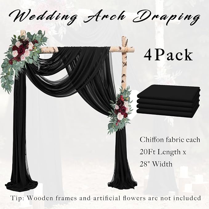 20Ft Length x 28" Width 4 Panels Wedding Arch Draping Fabric Black Arch Drapes Chiffon Fabric Sheer Curtains Backdrop for Party Decor Wedding Bridal Ceremony Ceiling Stage Reception Decorations