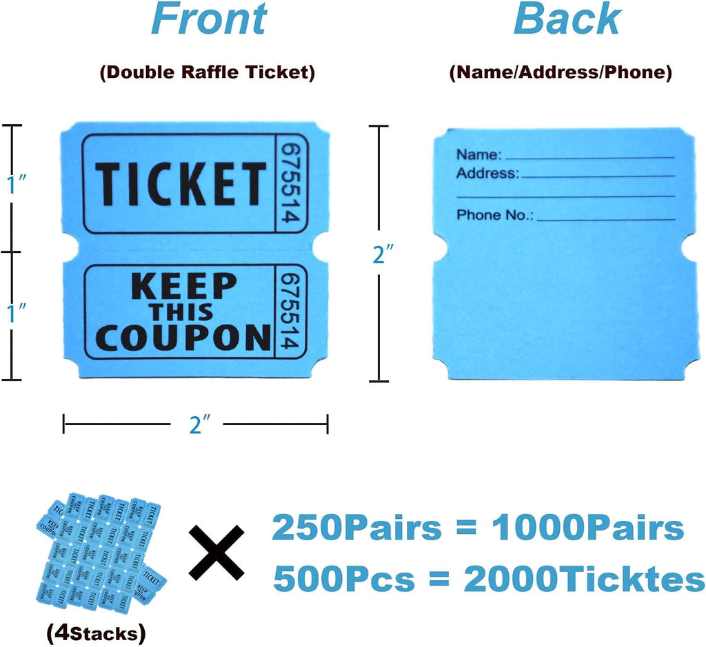 Homrelaxy 2000 Pcs 1000 Pairs Raffle Tickets, 50/50 Double Raffle Tickets, 250 Double Tickets Per Stack, for Events, Entry, Carnivals, and Door Prizes(Blue) (Pack of 2)