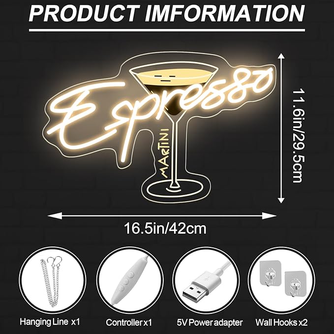 Espresso Martini Neon Sign, Cocktail Club Wall Art Decor,Tini Time Wall Decor,Martini Lover Gift,Retro Espresso wall sign,Retro Alcohol Gift, 16.5"x11.6"