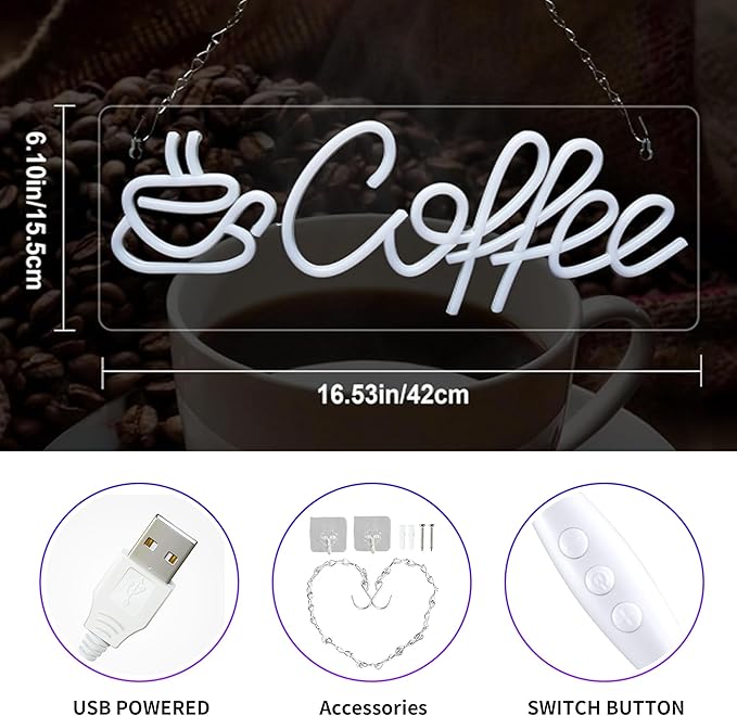 Coffee Neon Sign, Dimmable Coffee Bar Signs for Wall Decor, USB Powered Neon Light Sign with Metal Chain, Led Light Room Decor for Restaurants, Café Shop Window, Office Loung