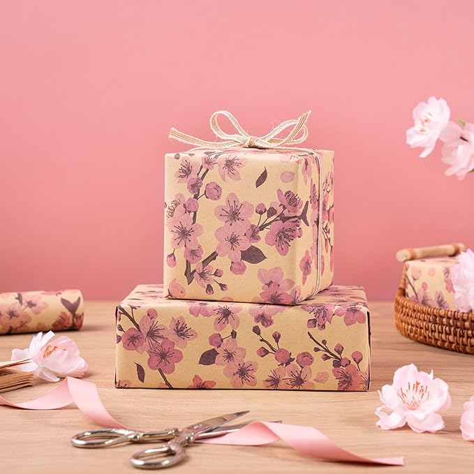 RUSPEPA Cherry Blossom Wrapping Paper Roll for Women Girls, Mini Roll, Pink Sakura Floral Kraft Gift Wrap Paper Perfect for Spring, Wedding, Birthday and Special Occasions, 17 Inches x 16.4 Feet