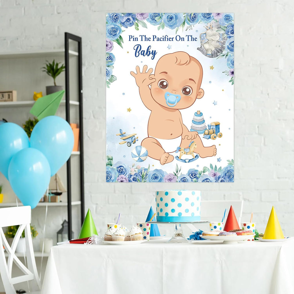 Faccito Pin The Pacifier Baby Shower Game Baby Shower Party Decorations Include Large Poster 24 Pacifier Stickers Blindfold Game Set for Birthday Party Decor Supplies(Multicolor,Elephant)