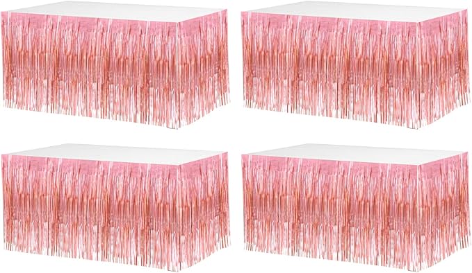 4 Pack 29x108 Inch Metallic Foil Fringe Tinsel Table Skirts for Rectangle Tables Streamer Backdrop for Wedding, Birthday, Parade Floats, Christmas, Halloween Party Decoration(New Rose Gold)