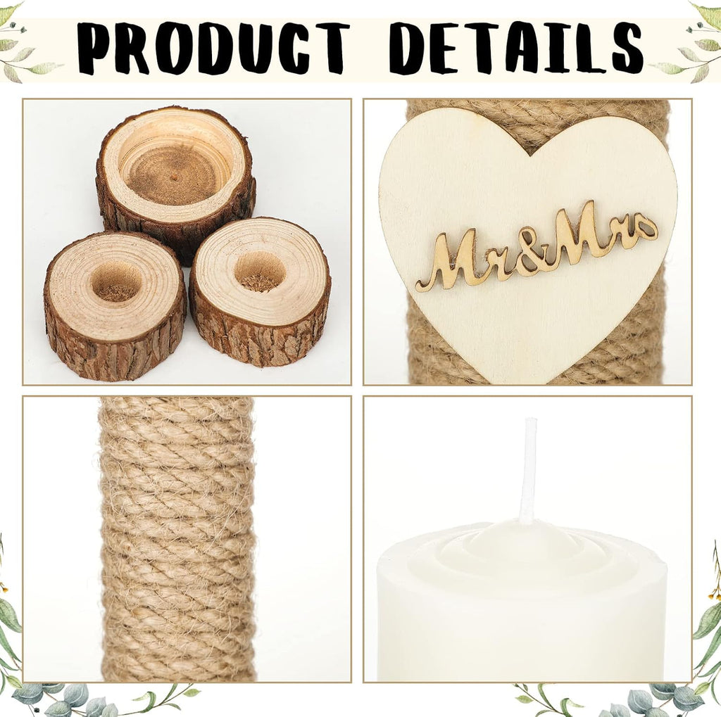 Amyhill 3 Pcs Rustic Unity Candles for Wedding Ceremony Set Mr and Mrs Burlap 1(5.9'') Pillar 2(9.8'') Taper Candles for Weddings Ceremony Events Decor Emergency Lighting(Romantic Style)