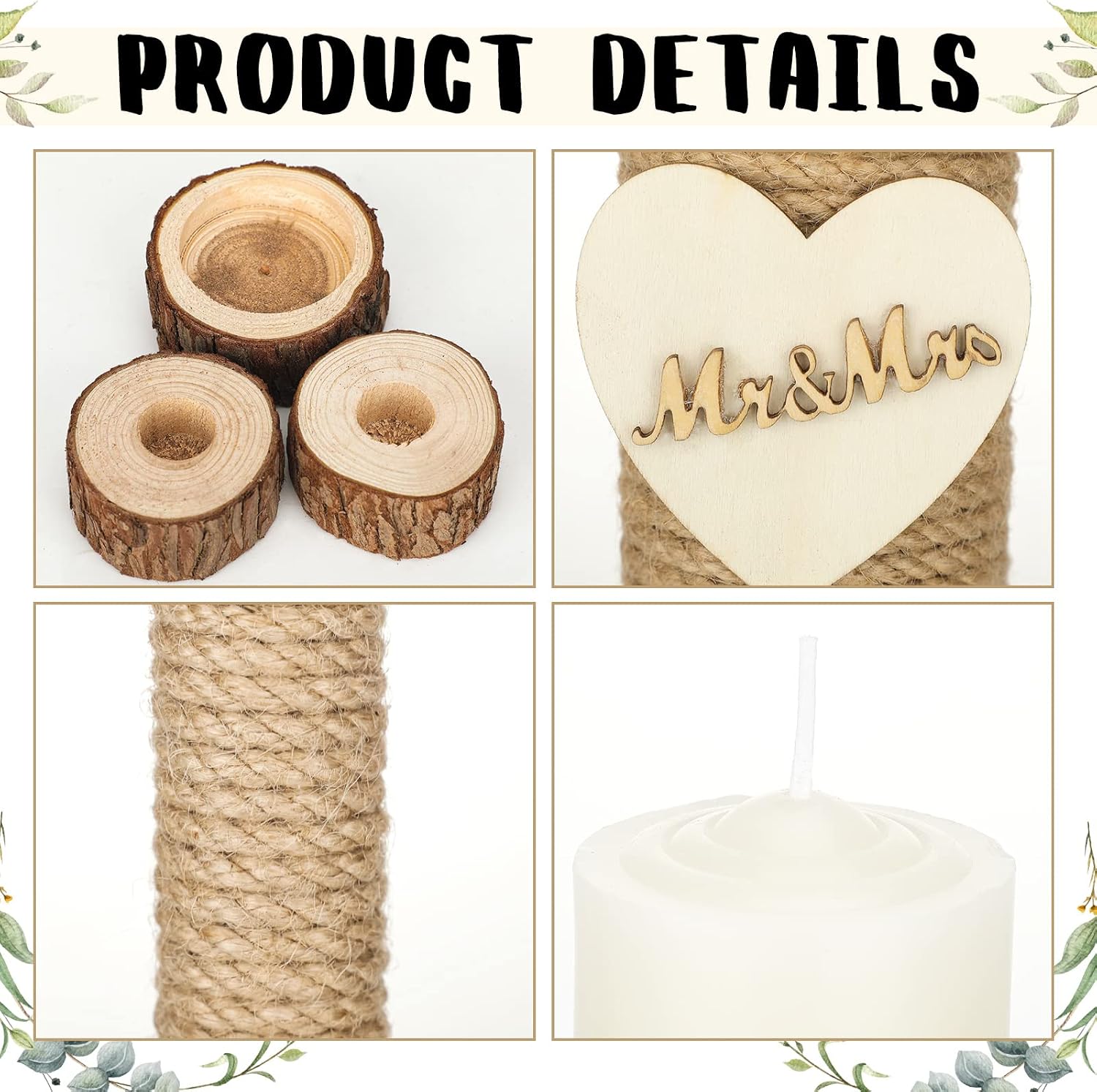 Amyhill 3 Pcs Rustic Unity Candles for Wedding Ceremony Set Mr and Mrs Burlap 1(5.9'') Pillar 2(9.8'') Taper Candles for Weddings Ceremony Events Decor Emergency Lighting(Romantic Style)
