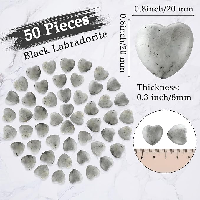 Gerrii 50 Pcs Heart Healing Stone Bulk Quartz Heart Inspirational Stones Gift for Women Love Pocket Polished Natural Energy Balancing Meditation 0.8 Inch(Black Labradorite)