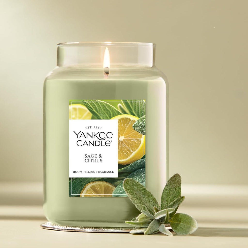Yankee Candle Sage & Citrus, Scented Candle, 22oz Large Jar with up to 150 Hour Burn Time, Giftable, Birthdays
