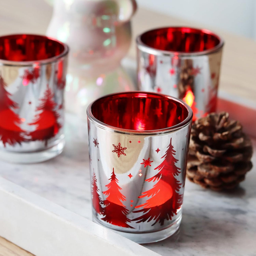 Christmas Candle Holders 12PCS, Silver Red Votive Tealight Candle Holders with Carved Christmas Trees for Xmas Table Centerpiece Decor