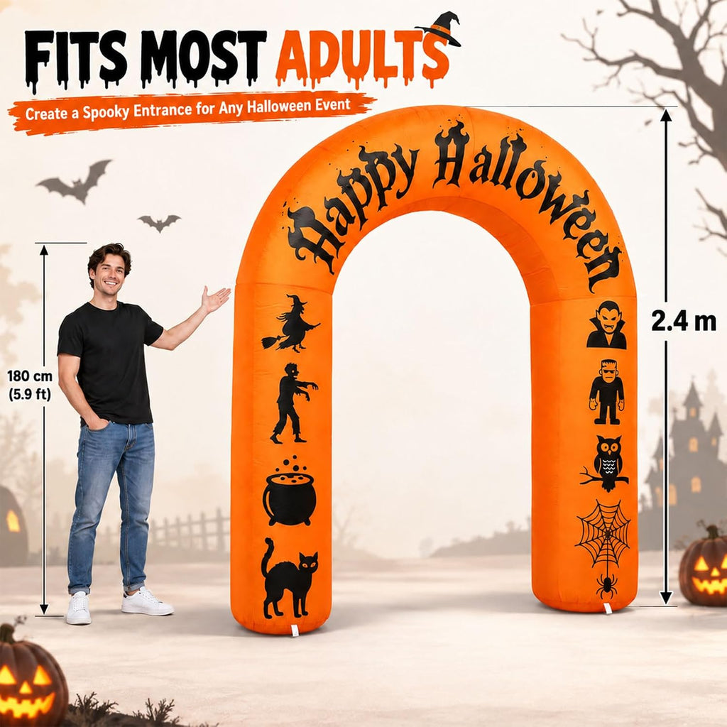 8ft halloween inflatable arch with led lights, orange, side view
