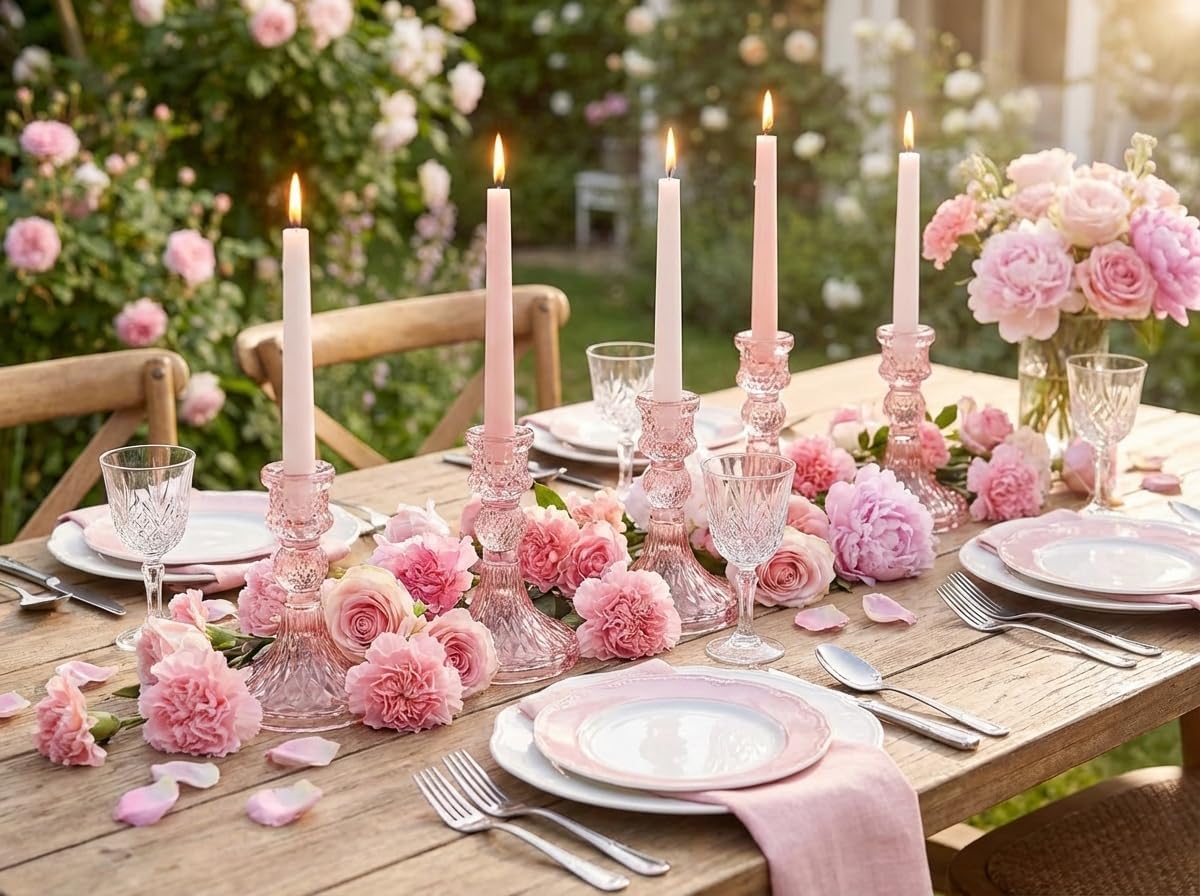 Glass Candle Holder Set of 12, Pink Taper Candle Holders Bulk, Vintage Candlestick Holders, Candle Stick Holder for Table Centerpieces, Wedding & Mother's Day