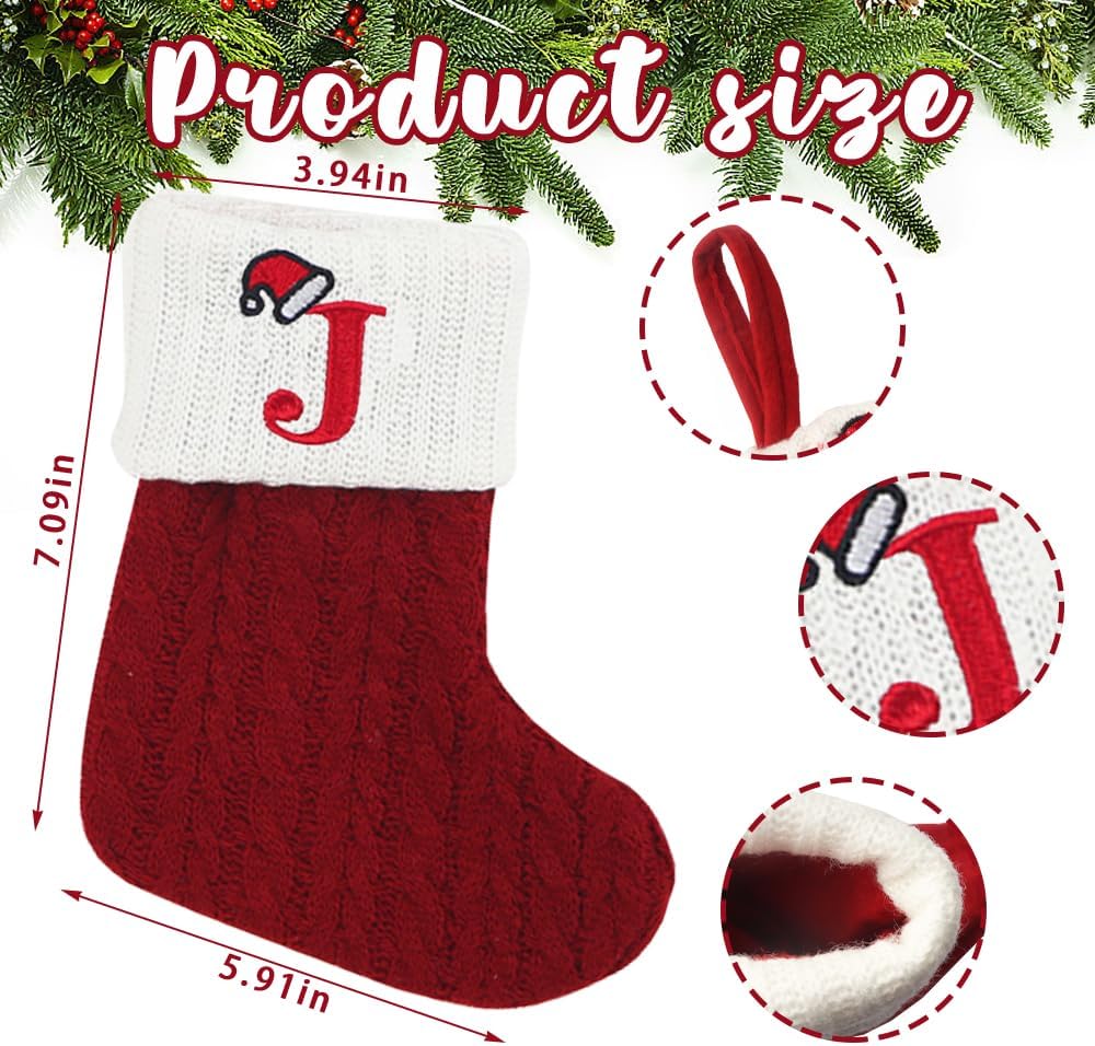 Threetols Christmas Stockings with Initial, Small Embroidered Letter Knit Red White Christmas Stocking Letter Monogram Hanging Xmas Stockings for Family Christmas Tree Fireplace Decoration (J)