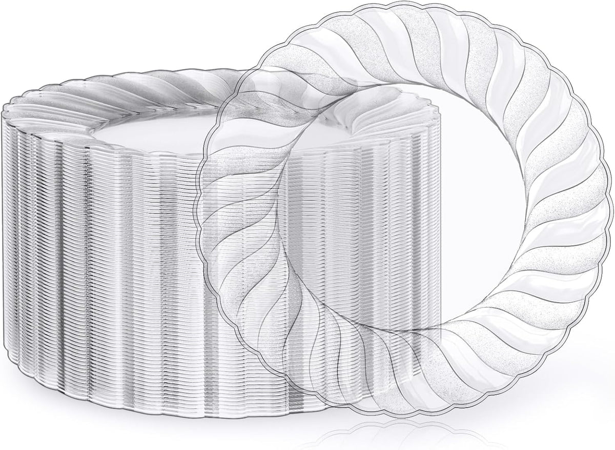 FOCUSLINE 100 Count Clear Plastic Plates, 9 Inch Disposable Dinner Plates