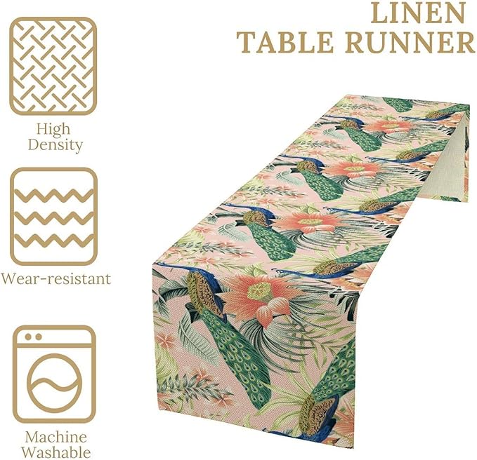 Peacock Table Runner,Pink Flower Peacock Birds Table Runner for Home Kitchen Dining Party Indoor Outdoor Decoration 13x108 Inch