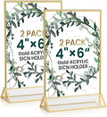 Acrylic Gold Sign Holders 4x6, 2 Pack Wedding Gold Table Number Holders, Double Sided Photo Display Picture Frame Paper Stand, Clear Flyer Stand Menu Holder for Wedding, Home, Party, Restaurant