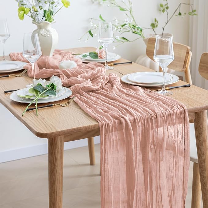 Asee'm Cheesecloth Table Runner 120 Inches Dusty Pink Boho Gauze Cheese Cloth Runner 10FT Rustic Sheer Fall Table Runners for Thanksgiving Wedding Baby Shower Holiday Party Decoration