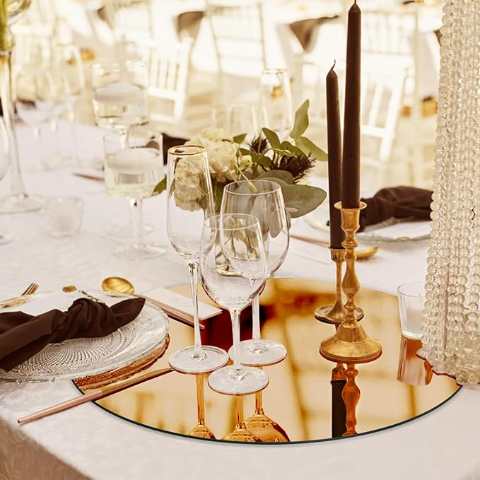 JAMBALAY 12″ Round Mirror Centerpieces for Tables, 12PCS Color Glass Mirror Table Centerpieces, Mirror Plates, Mirror Tray for Wedding, Party Centerpieces and Christmas Decorations, Gold