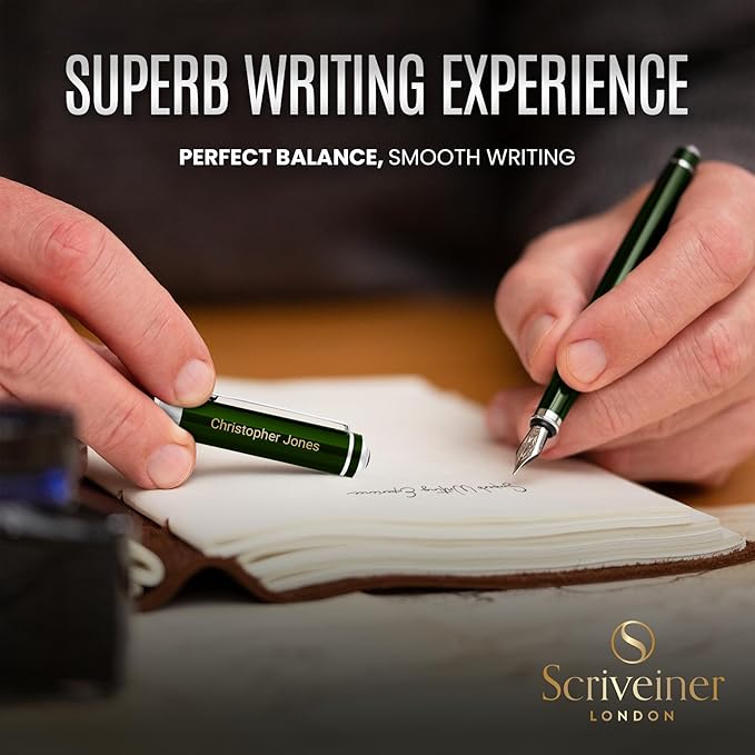 Scriveiner Personalized British Racing Green Pen - Stunning Green Lacquer Luxury Pen w/Chrome Finish, German Schmidt Nib (Medium), Best Engraved Fountain Pen Gift Set for Men & Women, Name Engraving