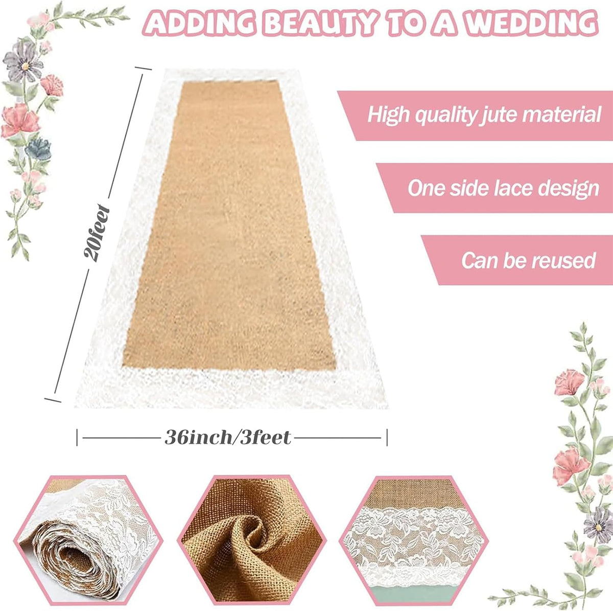 Burlap Aisle Runner for Wedding Ceremony, 2ft x 30ft