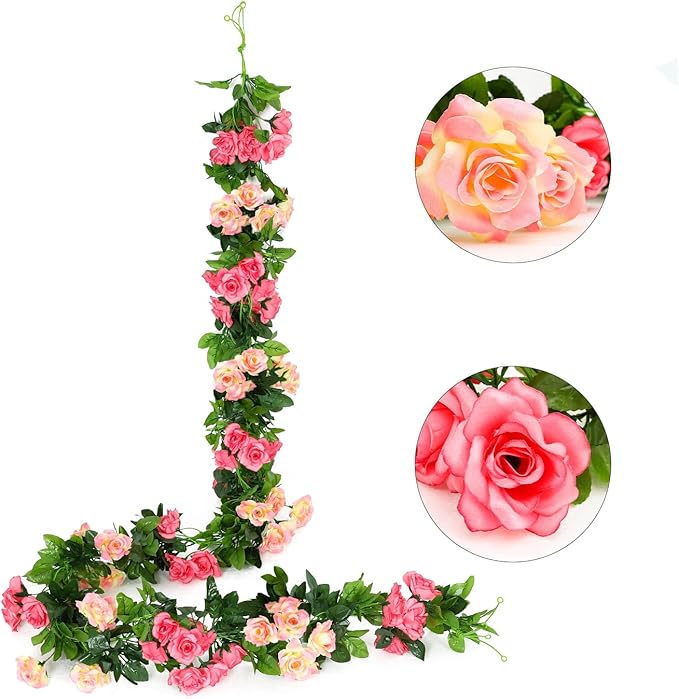 JUSTOYOU Artificial Rose Garland Vines Pink Flowers Hanging Silk Rose Vine for Wedding Home Office Arch Arrangement Decoration 7.6FT(2PCS)