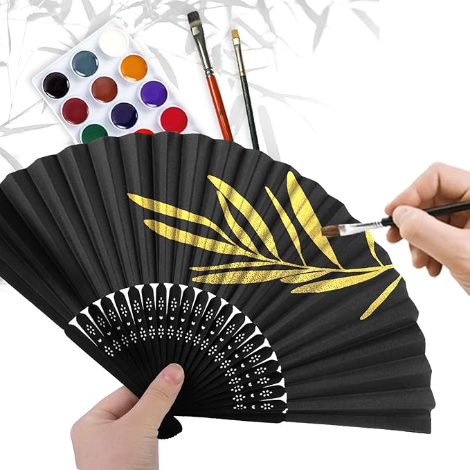 JOHOUSE 12 Packs 8.2 Inch Black Chinese Paper Foldable Hand Fan for Women - Wedding, Bridal Shower, Outdoor Party Favors, DIY Home Decor
