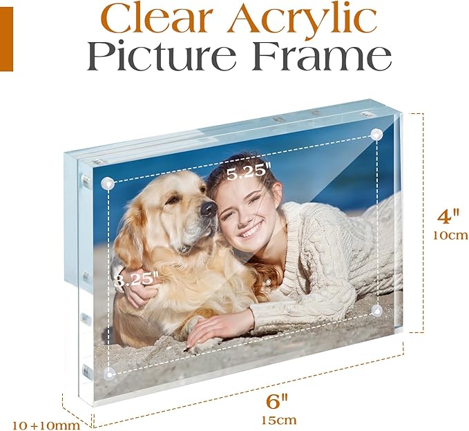 TWING 6 Pack Picture Frames Acrylic 4 x 6, Horizontal Magnet Frame Lucite Double Sided 4x6 Picture Frame, 10+10MM Thick Clear Frameless Desktop Display Self Standing Magnetic Acrylic Block Photo Frame