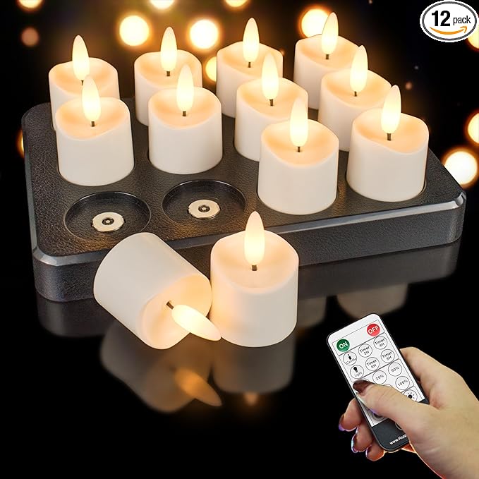 HL Rechargeable Waterproof Tea Lights,100H+ Highly Bright Led Flameless Candles,Magnetic Charging Battery Candles with Remote,Electric Votive Candles for Home Halloween Christmas Decorative-12pcs