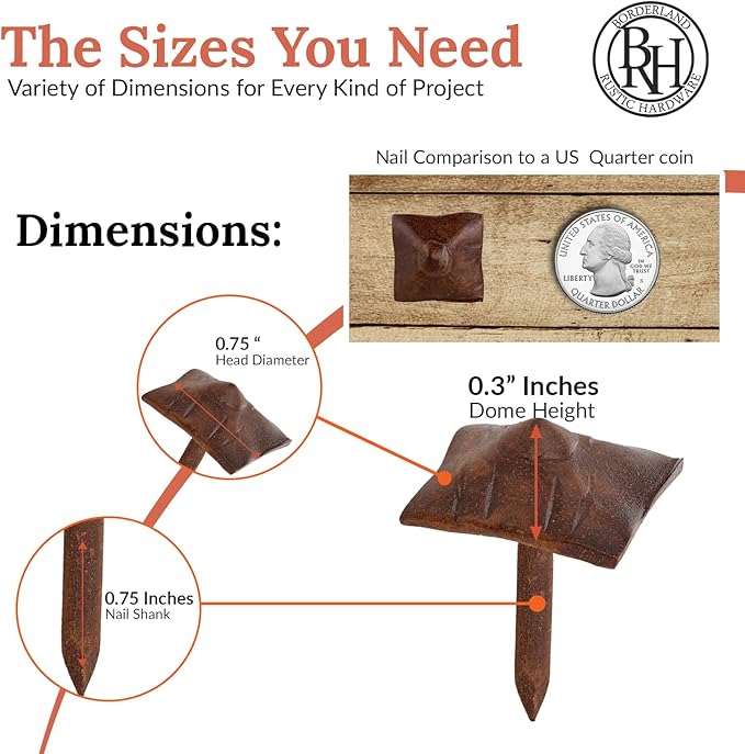 25 Pack 0.75" Square Head Iron Clavos Decorative Nails – Sealed Rusted – Handmade Rustic Square Fasteners for Farmhouse Shutters, Barn Doors, Shutters, and Gates – Ornamental Wood Accent