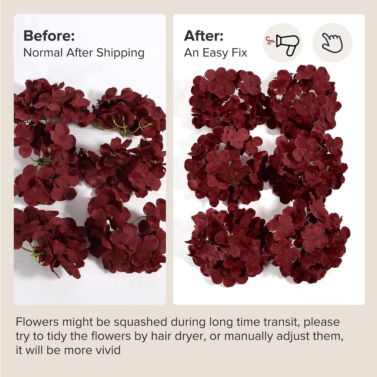auihiay 64pcs burgundy hydrangea artificial flowers bulk, silk, front angle view
