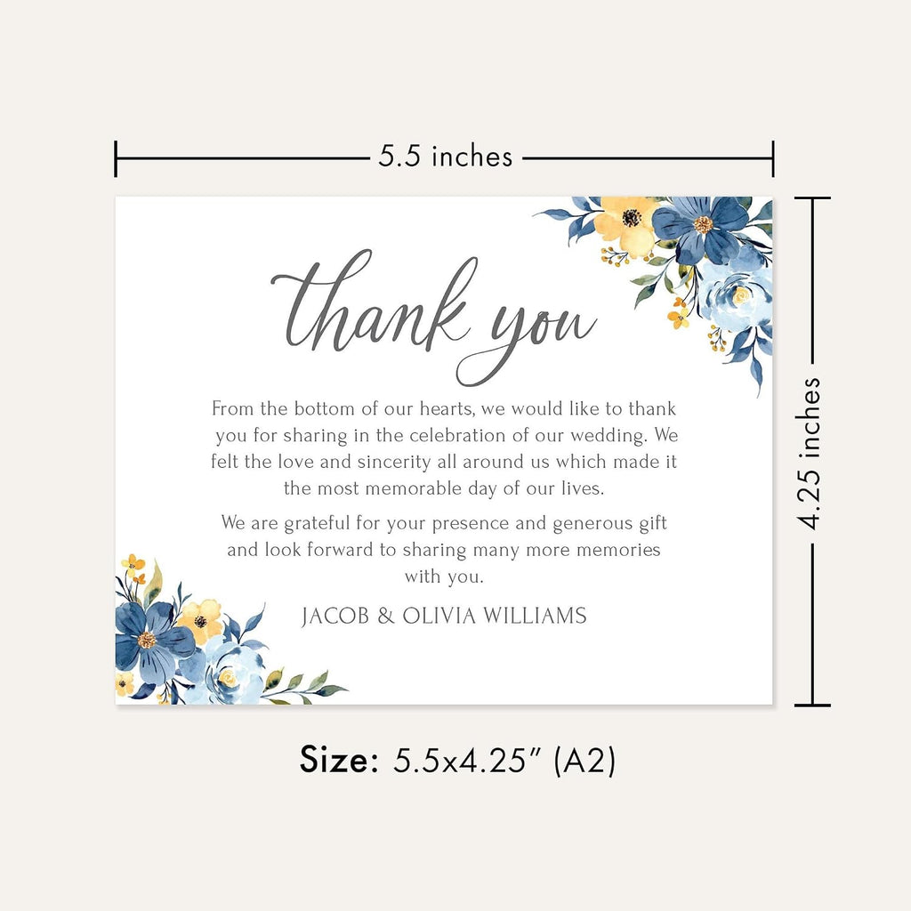 Personalized Wedding Thank You Cards with Envelopes, Flat 4.25 x 5.5 Custom Thank You Notes, Blue Floral Wedding Thank You Cards (Blue Floral)